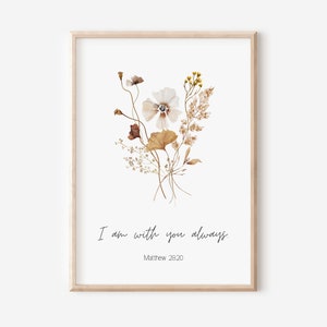Mateus 28:20, Estou convosco todos os dias, Arte de parede com versículo bíblico, Presente cristão para mulheres, Impressão das Escrituras, Flores silvestres em aquarela, Minimalista