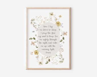 Christian Nursery Decor, Now I Lay Me Down to Sleep, Children's Bedtime Prayer, Baby Girl Nursery, Watercolor Wildflowers, Affirmation Wall
