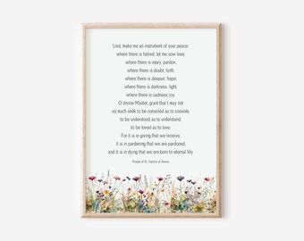 Prayer of St. Francis of Assisi, Lord Make Me an Instrument of Your Peace, Inspirational Wall Art, Christian Gift, Watercolor Wildflowers