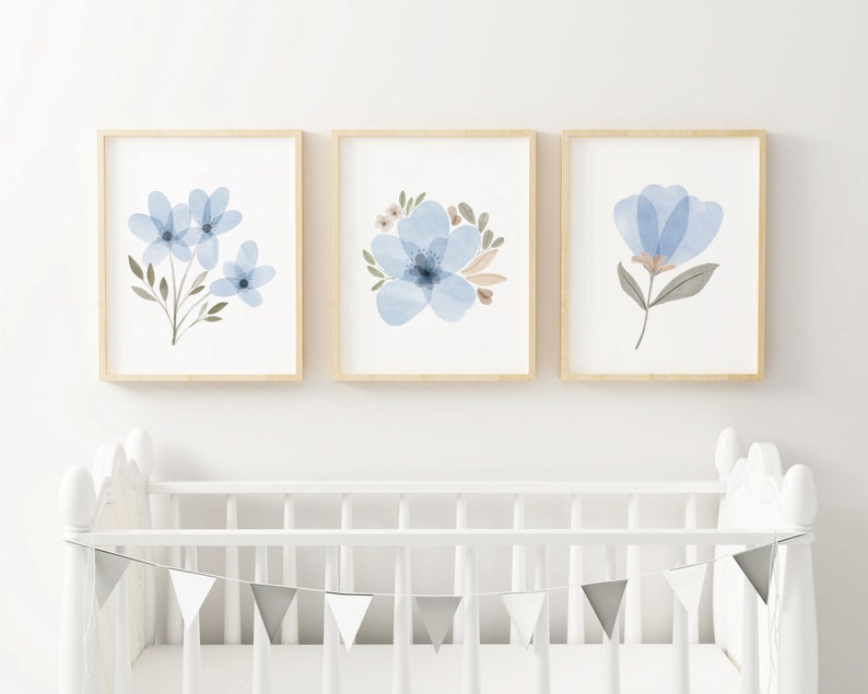 Sky Blue Flowers, Boho Nursery Decor, Baby Girl Nursery Wall Art, Semi