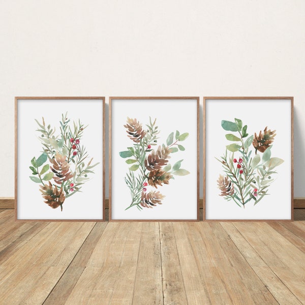 Botanical Print Set, Living Room Wall Art, Plant Posters, Fall Autumn Decor, Evergreen Pinecone, Winter Bouquet, Watercolor Painting,