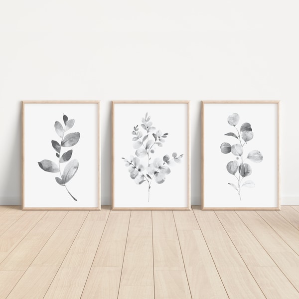 Black and White Art, Botanical Print Set, Living Room Wall Art, Plant Poster, Leaf Print, Grey Eucalyptus Print, Bedroom Wall Decor, Home