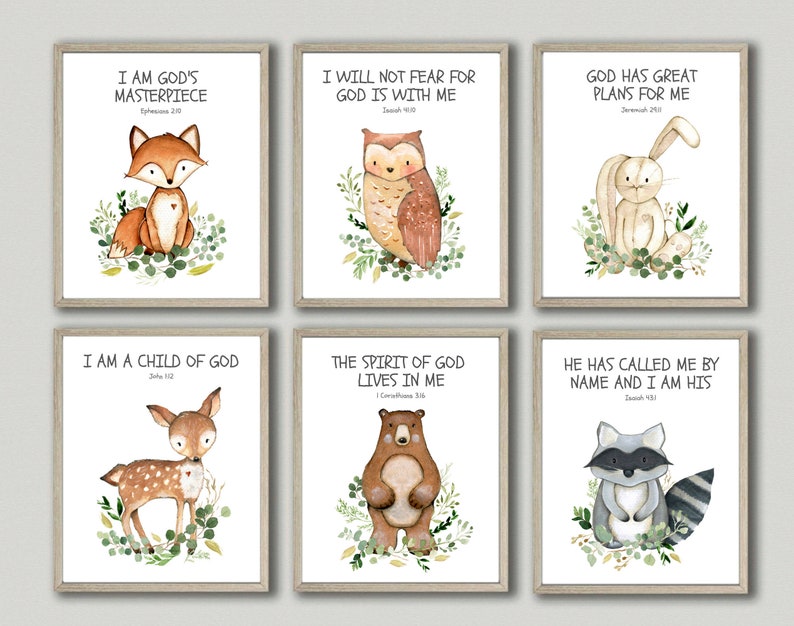 Kid's Bible Verse Wall Art Woodland Animal Prints Baby | Etsy