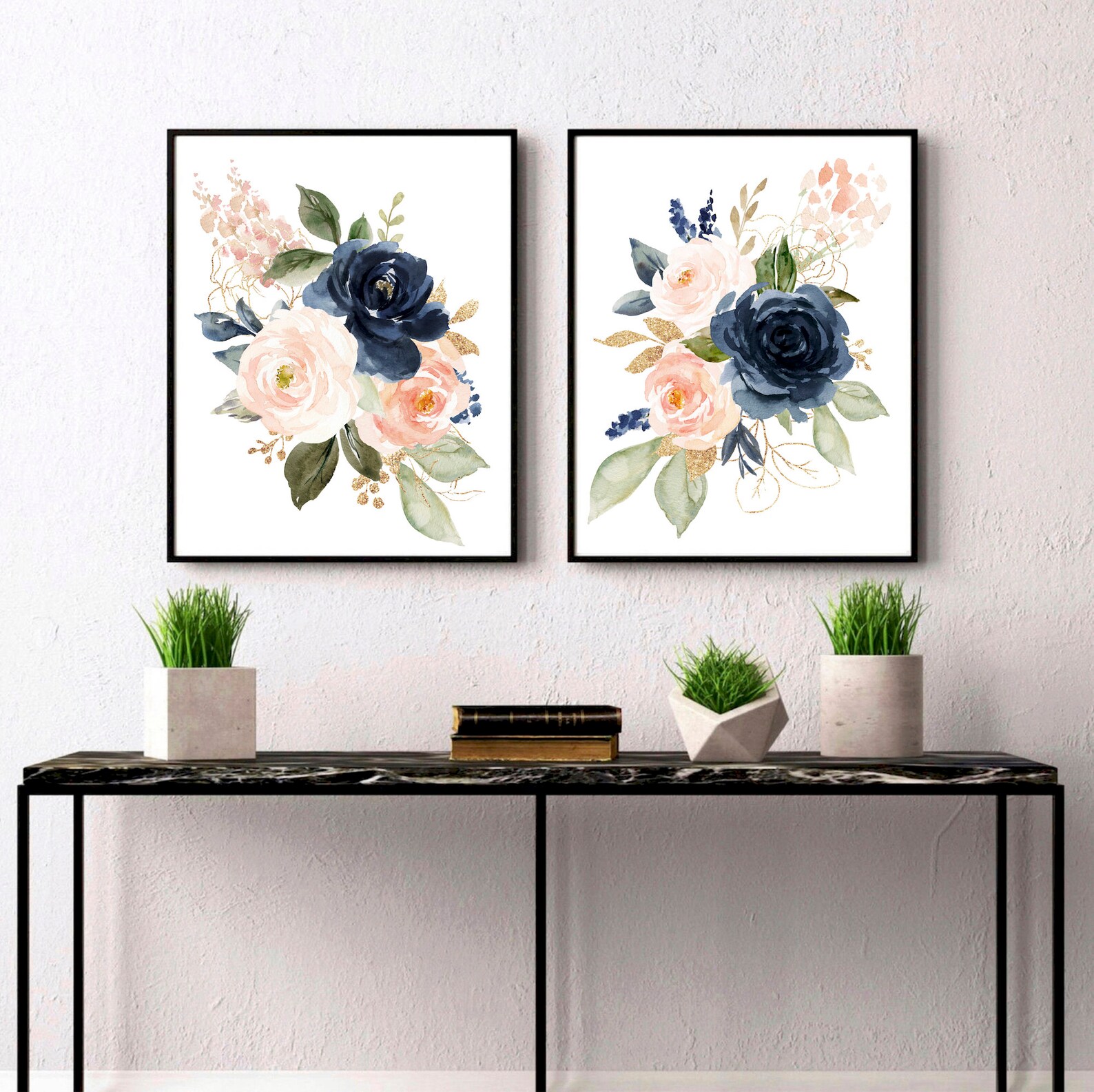Navy and Blush Wall Art Watercolor Flowers Floral Bouquets | Etsy