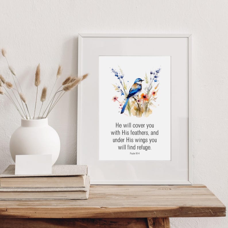 Bluebird With Scripture Psalm 91:4, He Will Cover You With His Feathers, Bible Verse Wall Art ...