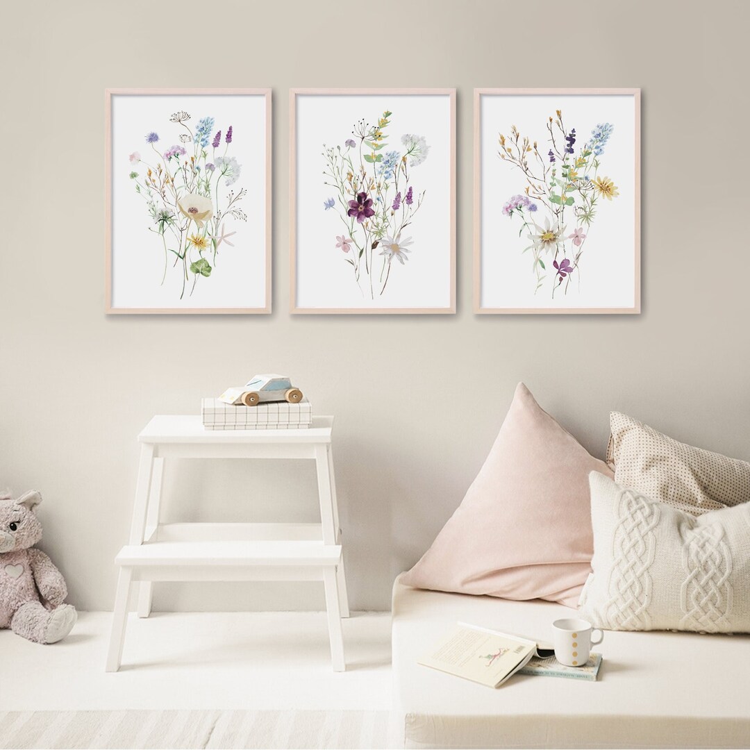 Watercolor Wildflowers, Baby Girl Nursery Wall Art, Pastel Colors, Set ...