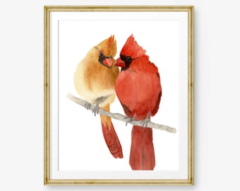 Aquarell Kardinalmalerei, rotes Kardinalpaar, Jubiläumsgeschenk, Hochzeitsgeschenk, einzigartiges Geschenk für ihre Frau Liebhaber, männlich-weiblicher Vogel, Natur