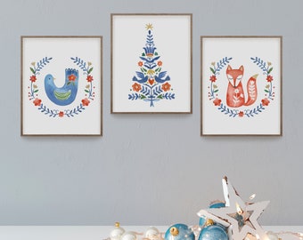 Scandinavian Christmas Prints, Watercolor Christmas Decoration, Holiday Decor, Scandinavian Swedish, Norwegian Polish, Danish, Folk Art