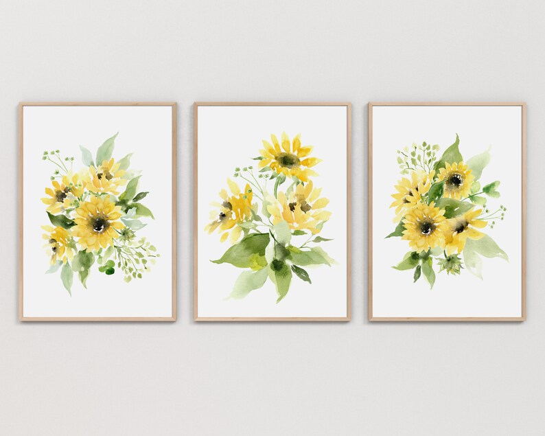 Sunflower Watercolor Painting, Floral Prints, Bedroom Wall Decor, Wildflower Bouquet, Watercolor Flowers, Home Decor Gift, Living Room Wall 