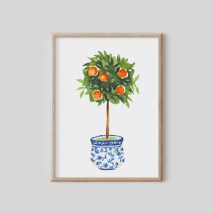 Aquarell Orangenbaum Malerei, Botanischer Druck, Wanddekor Küche, Blauer Ingwertopf, Wohnzimmer Wandkunst, Chinoiserie Topiary