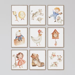 Conjunto de 9 canciones infantiles imprimibles, arte de pared para guardería, decoración de habitación infantil, pinturas de acuarela, vaca saltando sobre la luna, Mamá Ganso, para niños