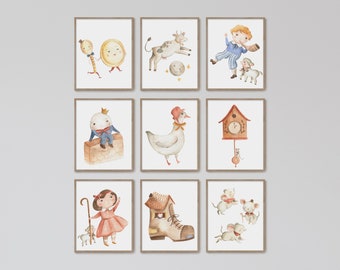 Lot de 9 comptines à imprimer, oeuvre d'art murale pour chambre d'enfant, décoration de chambre d'enfant, aquarelles, vache a sauté par-dessus la lune, mère oie, enfant