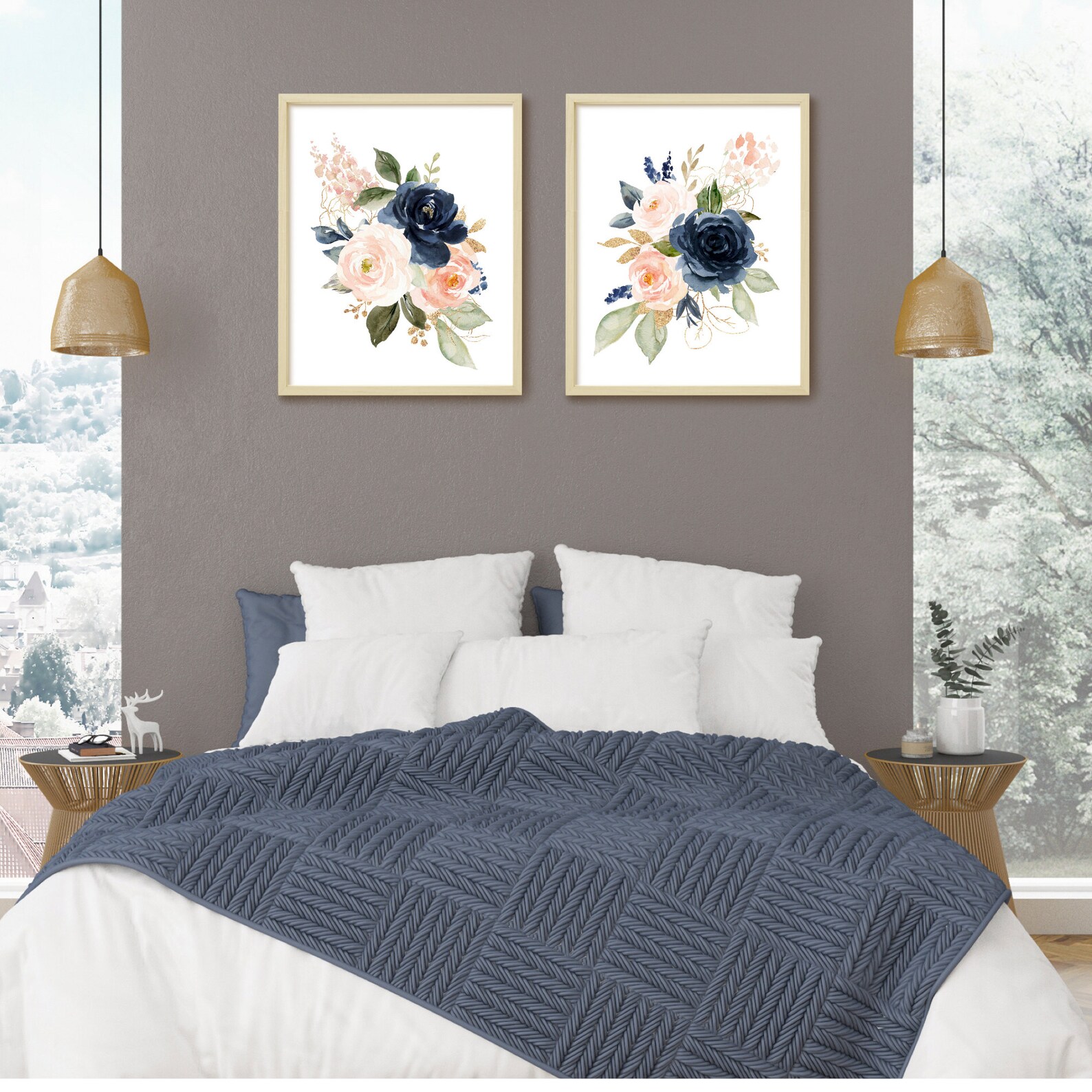 Navy and Blush Wall Art Watercolor Flowers Floral Bouquets | Etsy