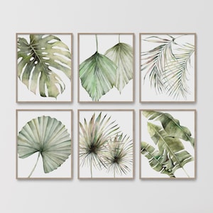 Tropical Decor, Botanical Print Set, Tropical Leaf Prints, Monstera Banana Palm, Plant Poster, Living Room Wall Art, Watercolor Painting