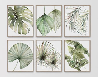 Tropical Decor, Botanical Print Set, Tropical Leaf Prints, Monstera Banana Palm, Plant Poster, Living Room Wall Art, Watercolor Painting