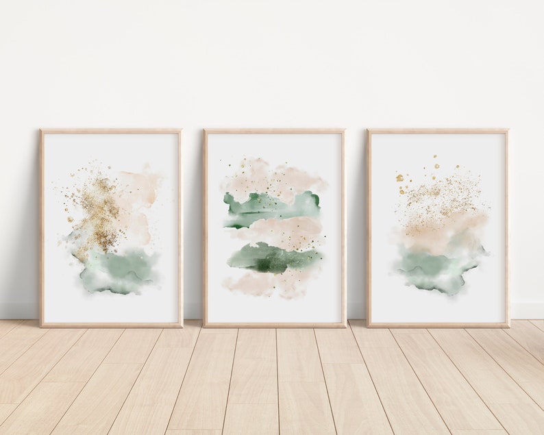 Abstract Painting Set, Triptych Wall Art, Bedroom Wall Decor, Watercolor Print, Blush Pink Gold Green, Pastel Color, Gift for Her Wife image 6