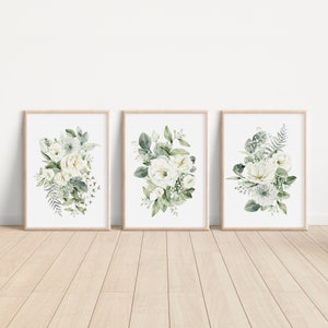 Set di 3 bouquet di rose bianche, fiori ad acquerello, regalo di arredamento monocromatico per la casa, bouquet di verde, stampa di rose, set di pareti con galleria a trittico