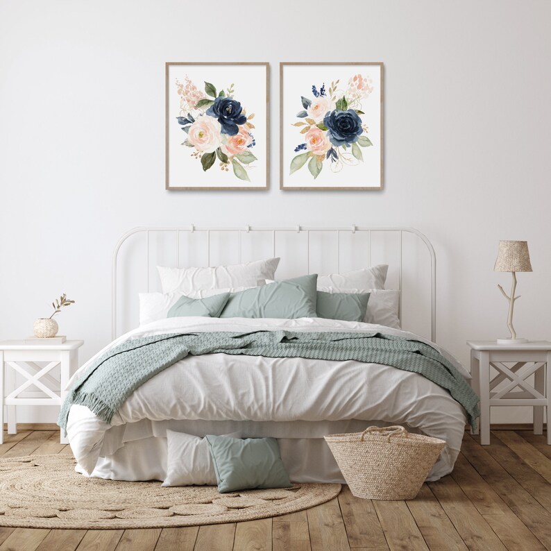 Navy and Blush Wall Art Watercolor Flowers Floral Bouquets - Etsy