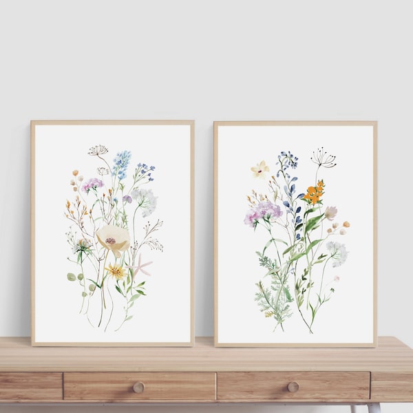 Wildblumen Drucke, Aquarell Blumen, Bauernhaus Dekor, Wiese Gras, Schlafzimmer Wanddeko, Pastellfarben, druckbare Grafik