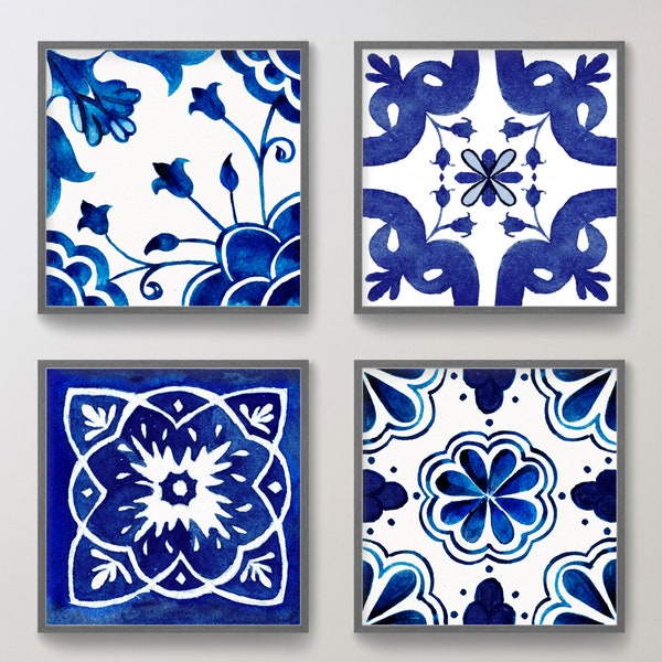Carreaux marocains, art mural bleu et blanc, décor mural de salon grec italien méditerranéen espagnol, imprimés carrés, carreaux Talavera, Indigo