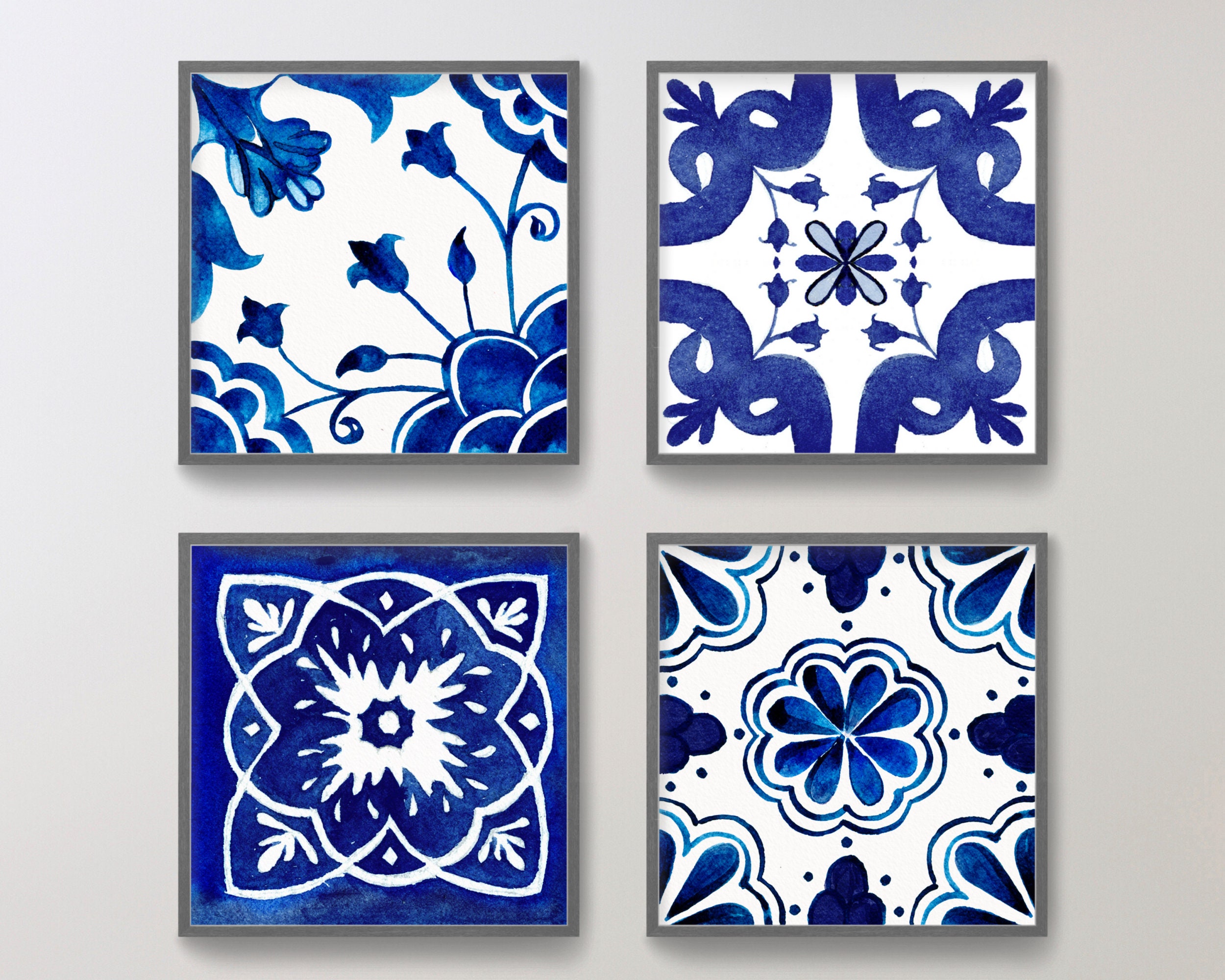 Spanish Tile Wall Art, Watercolor Moroccan Tiles, Set of 4 Blue and White Wall Art, Italian Mediterranean Greek, Indigo Mosaic Tiles, Indigo