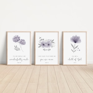 Christian Nursery Decor, Kids Bible Verse Wall Art, Watercolor Flowers, Scripture Print, Baby Girl Nursery, Lavender Purple Lilac, Set of 3
