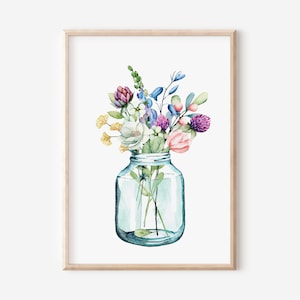 Flores de acuarela, Estampado de flores silvestres, Decoración de pared de dormitorio, Ramo floral, Decoración de casa de campo, Arte de pared de sala de estar, Jarrón de tarro de conserva, Hogar
