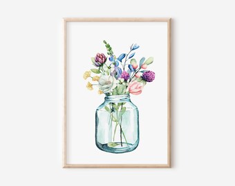 Watercolor Wildflowers, Floral Bouquet, Farmhouse Decor, Canning Jar Vase, Women Teen Girl, Spring Summer Decor, Home Decor Gift, Hostess