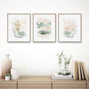 Abstract Painting Set, Triptych Wall Art, Bedroom Wall Decor, Watercolor Print, Blush Pink Gold Green, Pastel Color, Gift for Her Wife image 2