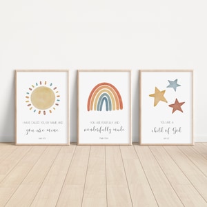 Christian Nursery Decor, Kids Bible Verse Wall Art, Scripture Print, Sunday School Church, Watercolor Weather Theme, Rainbow Stars Sun 11x14