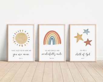 Christian Nursery Decor, Kids Bible Verse Wall Art, Scripture Print, Sunday School Church, Watercolor Weather Theme, Rainbow Stars Sun 11x14