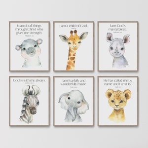 Christian Nursery Decor, Kids Bible Verse Wall Art, Watercolor Animals, Baby Boy Nursery, Scripture Print, Sunday School Church, Safari Zoo