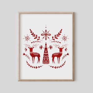 Christmas Folk Art, Red Reindeer Print, Scandinavian Swedish Gift, Holiday Decor, Norwegian Polish, Living Room Wall Art, Whimsical Pattern