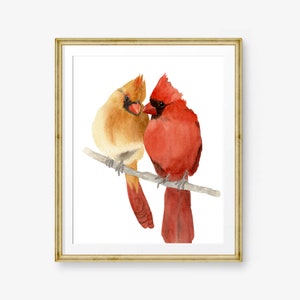 Pintura de pájaro cardenal, impresión de cardenal rojo, regalo de aniversario, regalo de boda, decoración de pared de dormitorio, pintura de acuarela, arte de pared de sala de estar