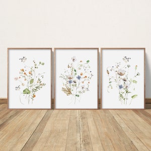 Wildflower Prints, Watercolor Flowers, Farmhouse Decor, Meadow Grass, Bedroom Wall Decor, Pastel Colors, Botanical Greenery Plant Foliage