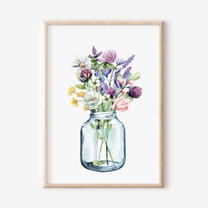 Aquarell Blumen, Wildblumen druckbar, Frühling Sommer Blumenstrauß, Wohnzimmer Wandkunst, Einmachglas Vase, Geschenk für Frauen Teen Mädchen
