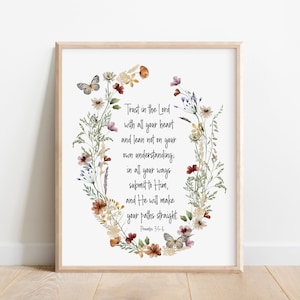 Proverbs 3:5-6, Trust in the Lord With All Your Heart, Bible Verse Wall Art, Christian Gift for Women, Scripture Print Watercolor Wildflower