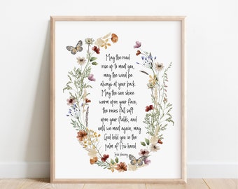 May the Road Rise Up to Meet You, Irish Blessing Print, Irish Prayer, Wedding Gift, Watercolor Wildflowers, Earth Tone Wall Art, Christian