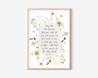 Romans 15:13, May the God of Hope Fill You With Joy and Peace as You Trust in Him, Bible Verse Wall Art, Scripture Print, Watercolor Floral