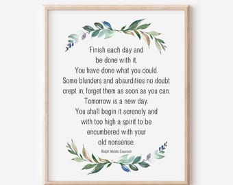 Finish Each Day, Ralph Waldo Emerson Quote, Literary Art, Encouragement Gift, Counselor Therapist Office Decor, Watercolor Eucalyptus Leaf