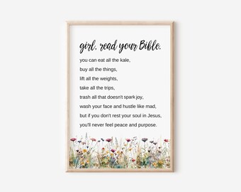 Girl Read Your Bible, Christian Gift for Women, Watercolor Wildflowers, Bible Verse Wall Art, Scripture Print, Teen Girl Daughter Wife Mom