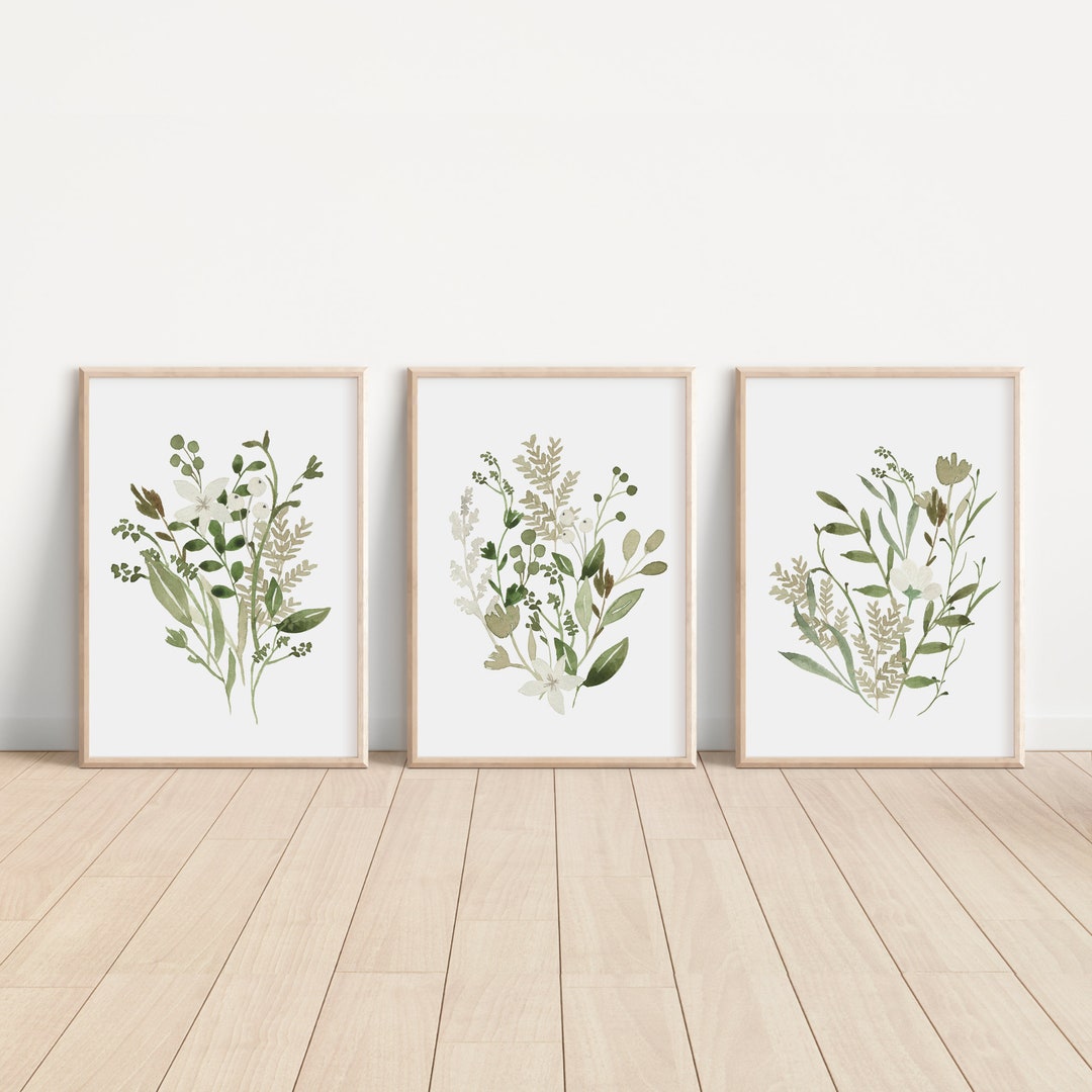 Botanical Print Set, Living Room Wall Art, Dusty Olive Green Plant ...
