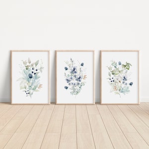 Watercolor Blue Flowers, Wildflower Bouquet, Set of 3 Paintings, Light Blue Botanical Print, Triptych Wall Art, Baby Girl Nursery, Sky Blue
