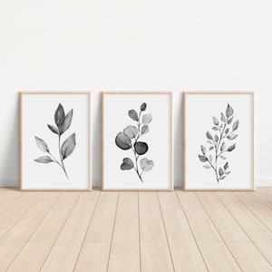 Black and White Art, Set of 3 Botanical Printable, Plant Poster, Eucalyptus Leaf Print, Grey Monotone, Foliage Greenery, Gallery Wall Set