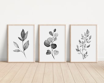 Black and White Art, Set of 3 Botanical Printable, Plant Poster, Eucalyptus Leaf Print, Grey Monotone, Foliage Greenery, Gallery Wall Set