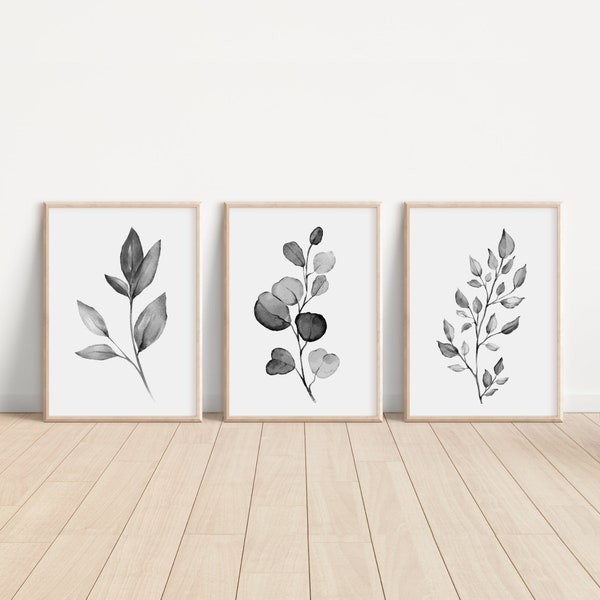 Black and White Art, Botanical Print Set, Living Room Wall Art, Plant Poster, Leaf Print, Grey Eucalyptus Print, Bedroom Wall Decor, Home