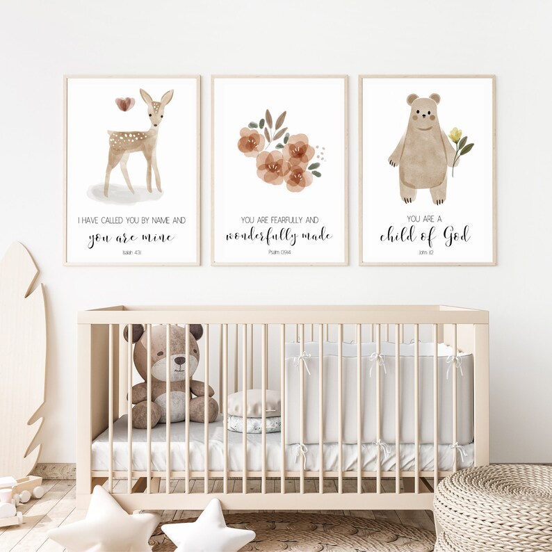 Christian Nursery Decor, Kids Bible Verse Wall Art, Watercolor Flowers