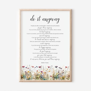 Fallo comunque, citazione di Madre Teresa, poster motivazionale, arte murale ispiratrice, regalo di laurea, arredamento cristiano per la casa, fiori di campo ad acquerello