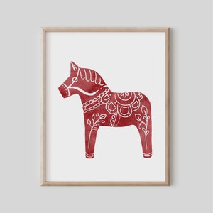 Red Dala Horse, Swedish Horse, Scandinavian Folk Art, Swedish Gift, Christmas Decor, Holiday Decor, Norwegian Polish, Whimsical Modern 11x14