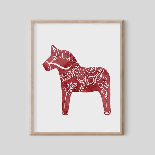Red Dala Horse Print, Swedish Horse, Scandinavian Folk Art, Swedish Gift, Christmas Decor, Holiday Decor, Norwegian Polish, Living Room